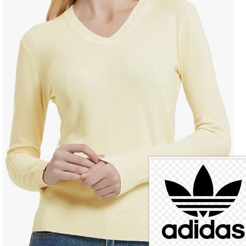 Adidas Yellow/Cream Long Sleeve V-Neck Pullover Sweater/Sweatshirt. Small. EUC